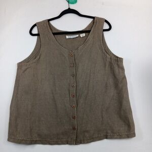 Chaus Sleeveless‎ Button Shirt Vest L Women's Brown Linen Rayon Casual Top